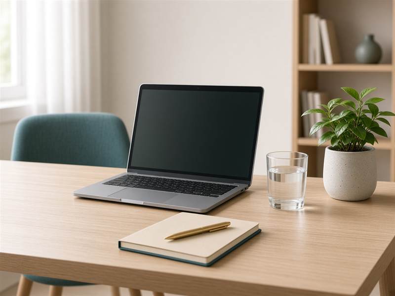 Mesa de trabalho com notebook e copo de água